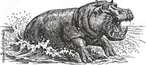 Aggressive hippopotamus charging out of the water with open mouth roaring and splashing waves
