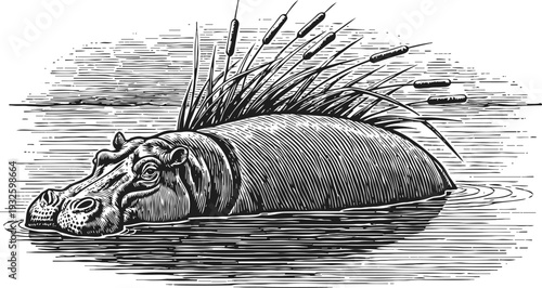 Vintage engraving of a hippopotamus partially submerged in water with reeds and cattails