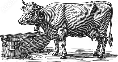 Vintage cow standing near wooden tub and bucket, rustic farm livestock illustration