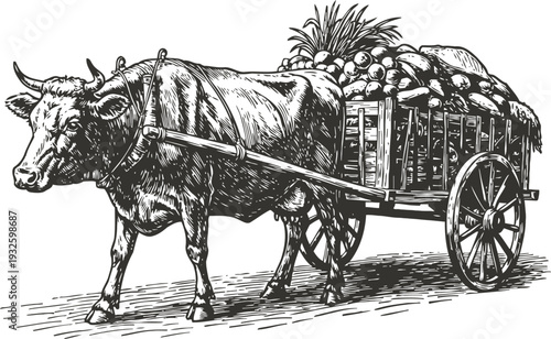 Ox pulling wooden cart loaded with fruits and vegetables, rural traditional farming transport