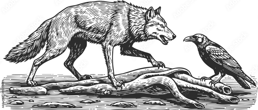 Fototapeta premium intricate black and white illustration of a wolf confronting a raven on rocky terrain