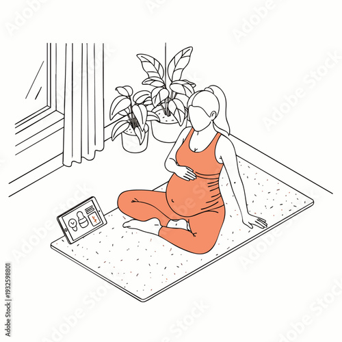 Pregnant woman doing prenatal yoga at home with a tablet, practicing mindfulness and self-care for a healthy pregnancy journey.
