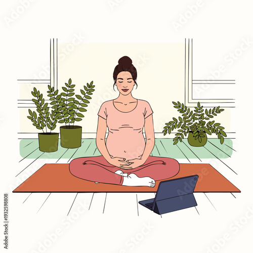 Serene pregnant woman meditating in lotus pose on a yoga mat, guided by an online class. Embracing prenatal wellness, mindfulness, and healthy lifestyle.