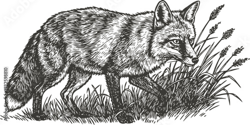 Black and white detailed illustration of a fox walking through tall grass and wild plants in natural habitat