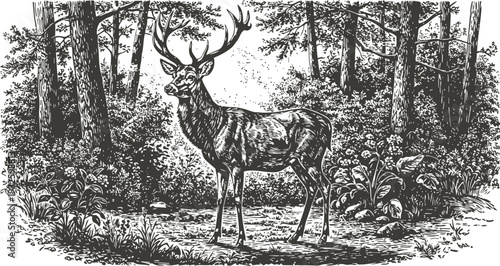 Majestic stag with antlers standing in dense forest clearing surrounded by trees and lush foliage