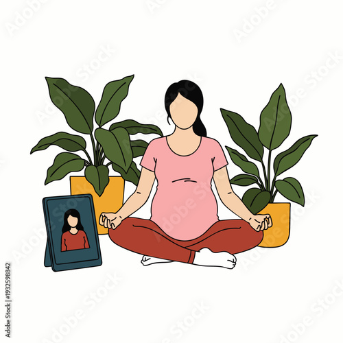 Pregnant woman meditating at home surrounded by green plants, practicing yoga and mindfulness for prenatal wellness, peace, and mental health during pregnancy.