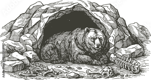 Bear resting inside rocky cave surrounded by animal bones and skulls illustration