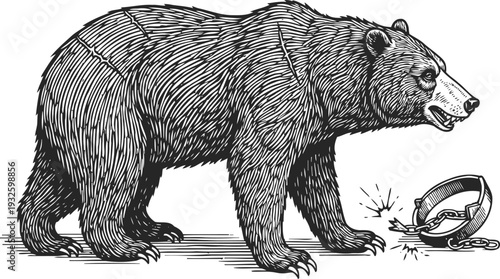 Grizzly bear walking with broken steel trap in natural woodland setting, vintage engraved