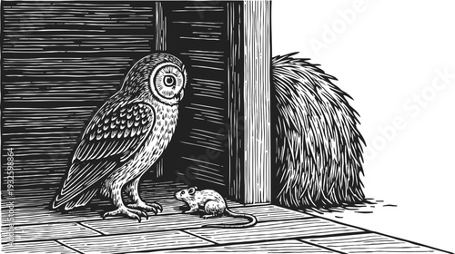 Owl and mouse inside barn near haystack in rustic countryside setting vintage black and white illustration