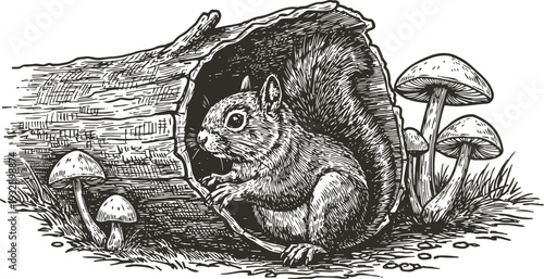 Squirrel sitting inside hollow log surrounded by mushrooms and grass in detailed black ink sketch