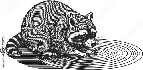 raccoon crouching drinking water from pond with ripples detailed hand drawn wildlife animal illustration