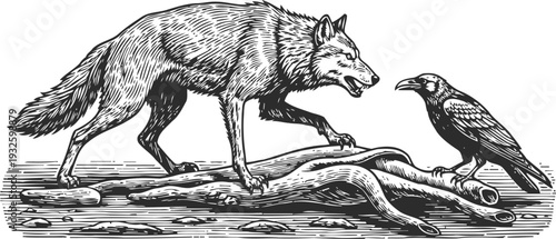 intricate black and white illustration of a wolf confronting a raven on rocky terrain