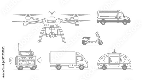 Vehicular Panorama: A curated monochrome sketch showcases an array of vehicles, representing innovation in transportation, ideal for illustrating mobility solutions, logistical designs.