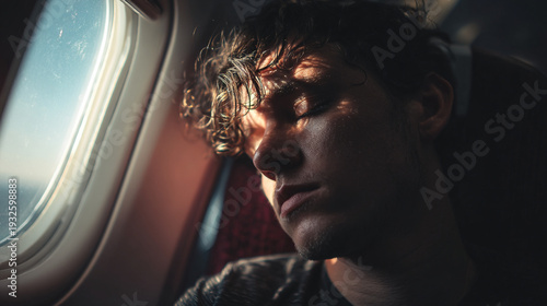 Young man with curly hair is comfortably sleeping by the sunny airplane window.