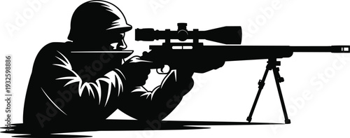 Military sniper silhouette aiming long range scoped rifle on bipod in prone position, tactical soldier illustration isolated on white background for defense theme