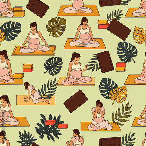 Seamless pattern of pregnant women doing yoga poses with yoga blocks and tropical leaves, pastel colors, healthy lifestyle