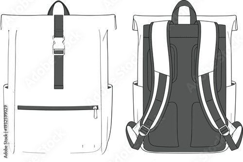 Minimalist Backpack Product Design Technical Sketch Showing Front and Back Views with Roll Top Closure Padded Straps and Zippered Pocket for Apparel Manufacturing Template