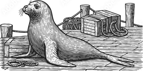 monochrome engraving of a seal resting on a wooden dock with crates and ropes