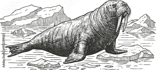 Walrus on ice floe in arctic landscape with mountains and sea wildlife habitat