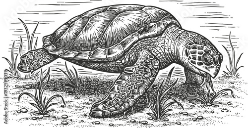 Detailed vintage engraving of a sea turtle crawling on sandy seabed with aquatic plants