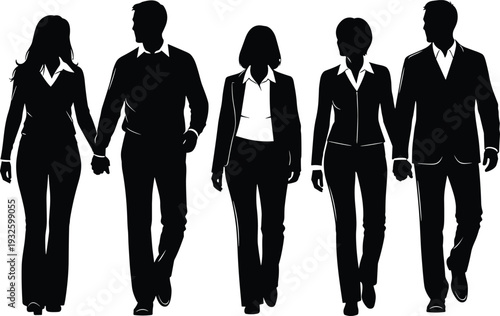 Minimalist black and white silhouette vector illustration of a professional business team and diverse couples walking forward in formal suits and smart casual office attire