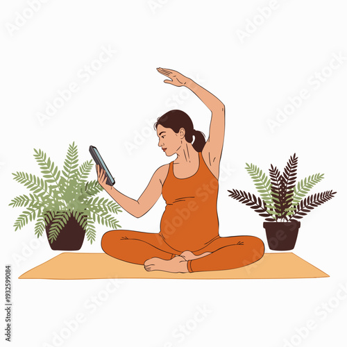Expectant mother enjoying prenatal yoga at home, using smartphone for guided fitness, promoting a healthy and active pregnancy.