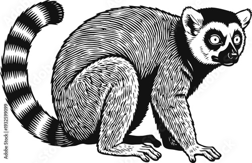 Ring tailed lemur detailed illustration black and white hand drawn primate with striped tail sitting and alert posture