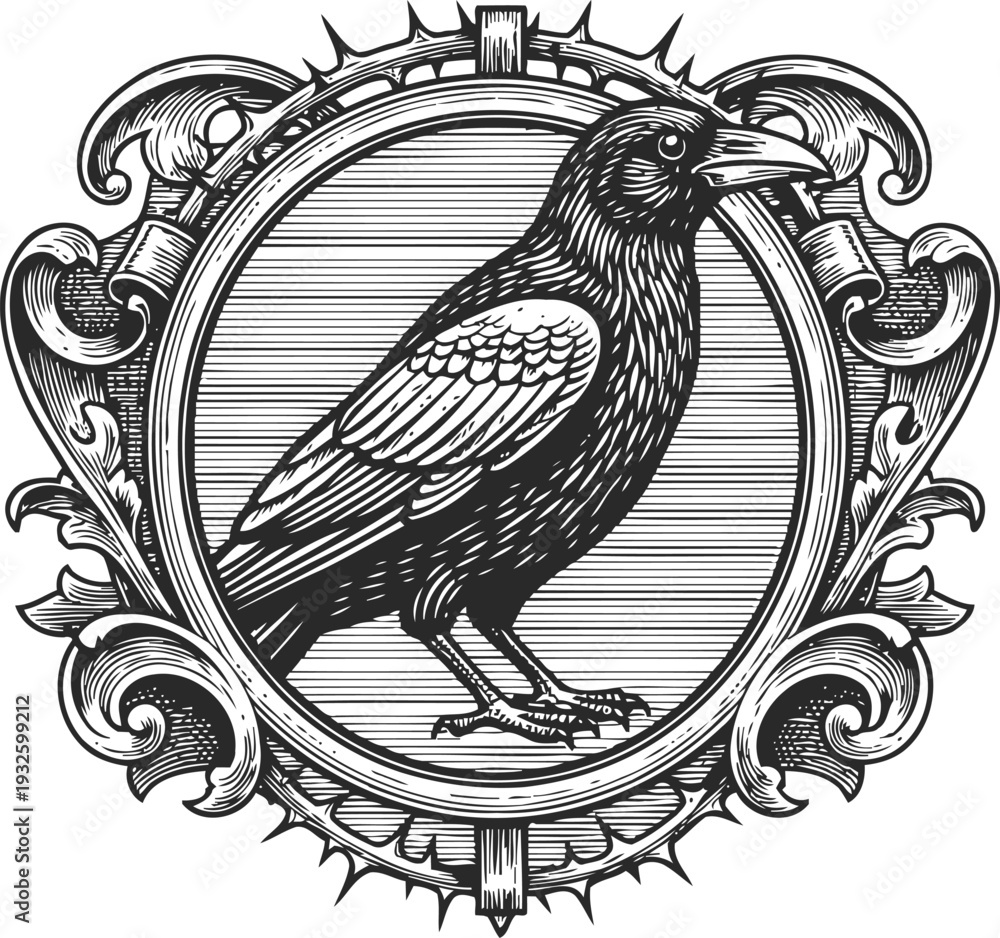 Fototapeta premium Intricate vintage black raven illustration framed with ornamental floral circle design