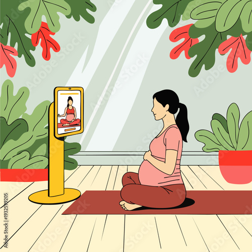 Pregnant woman meditating and doing yoga at home following an online class on a tablet device, healthy lifestyle