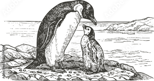 Penguin mother and chick on rocky shore antarctic wildlife scene with ocean background nature and animal family illustration