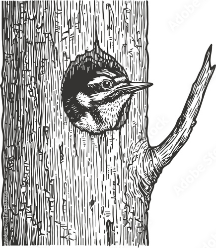 Woodpecker peeking out from tree hole bird nesting in hollow trunk, nature wildlife illustration in black and white