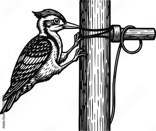 Woodpecker perched on wooden pole pecking for insects black and white vintage bird illustration