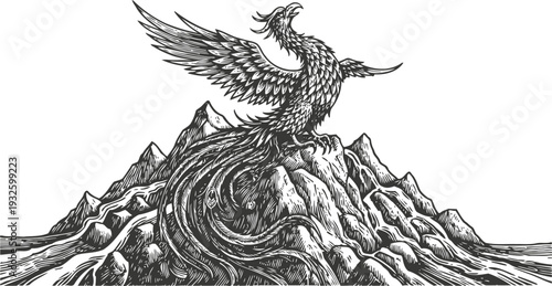 Phoenix rising from mountain peak with detailed feathers and fiery tail in vintage