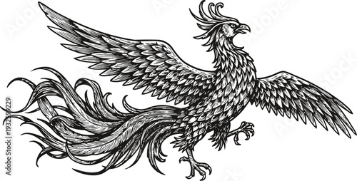 Intricate phoenix bird illustration with spread wings and flowing tail feathers in black and white