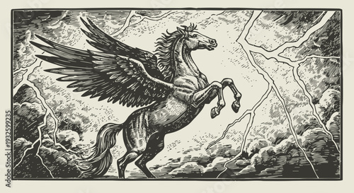 Pegasus horse with wings rearing in thunderstorm sky mythical flying creature, powerful fantasy legend illustration