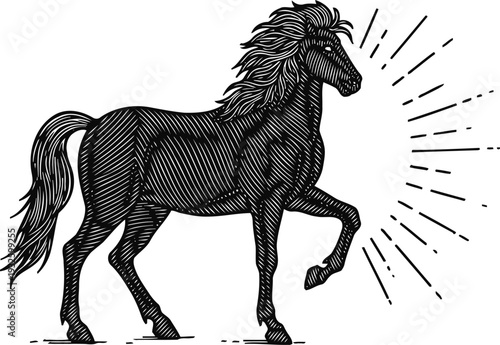 Black horse standing with raised front leg and stylized mane with radiant lines design