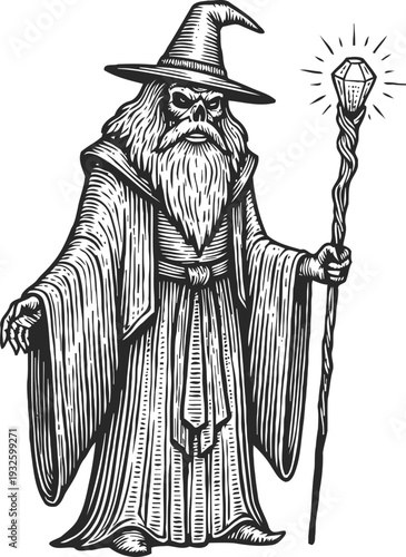 Wise wizard character holding magical staff with glowing crystal, medieval fantasy sorcerer illustration