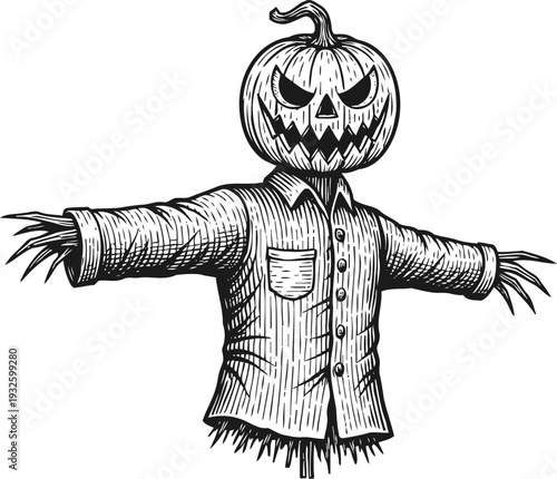 Scarecrow with pumpkin head and spooky expression wearing tattered shirt for halloween