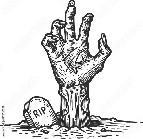Zombie hand rising from grave with rip tombstone, halloween horror spooky illustration