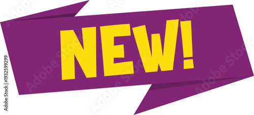 A purple and yellow new arrival announcement sticker