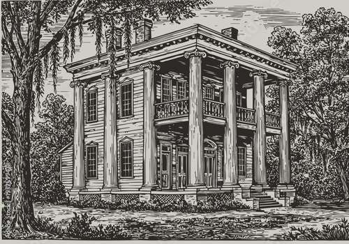 Historic southern mansion with tall columns surrounded by trees and bushes in vintage engraving