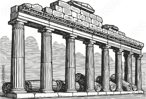 Ancient greek temple ruins with classical columns and partially collapsed stone structure