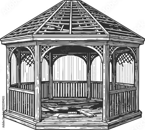 wooden garden gazebo structure with roofing and railing, outdoor octagonal pavilion design