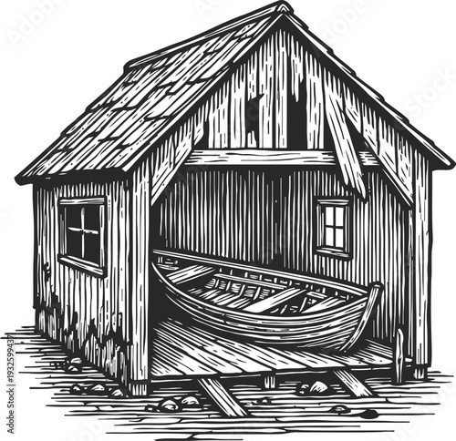 Wooden boat house with rowboat by the shore rustic fishing cabin with pitched roof, windows, and dock