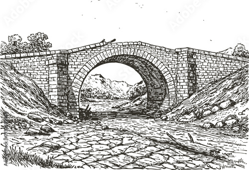 Ancient stone arch bridge over a dry cracked riverbed in a mountainous landscape sketch