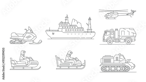 Transportation Means: A variety of transportation types, including boats, snowmobiles, helicopters, and trucks, providing transport options. 