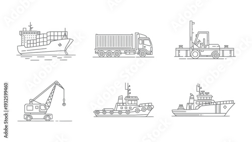 Maritime and Transportation Line Art Set: A comprehensive collection of maritime and transportation vehicles, illustrated in clean, minimalist line art style. Ideal for logistics, shipping.