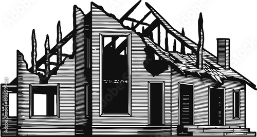 black and white illustration of a damaged wooden house with broken roof and missing walls