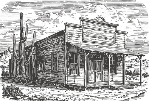 Vintage western wooden storefront with cactus and desert landscape in engraved