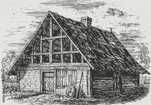 Rustic wooden barn with thatched roof and brick chimney in countryside landscape sketch
